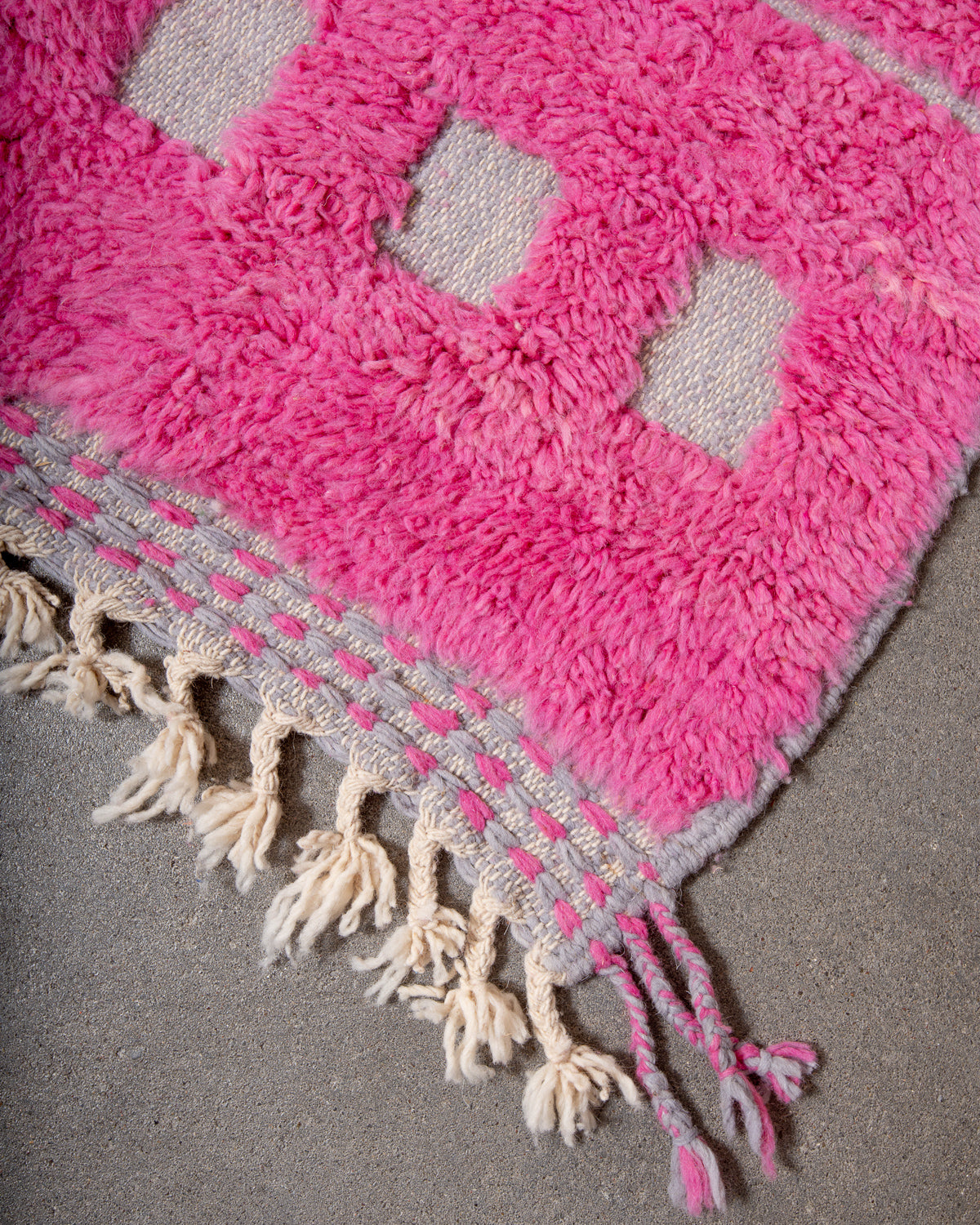 Modern, designer, handcrafted Berber rug from Morocco. Beniourain carpet with beautiful colours and patterns and fluffy wool texture.